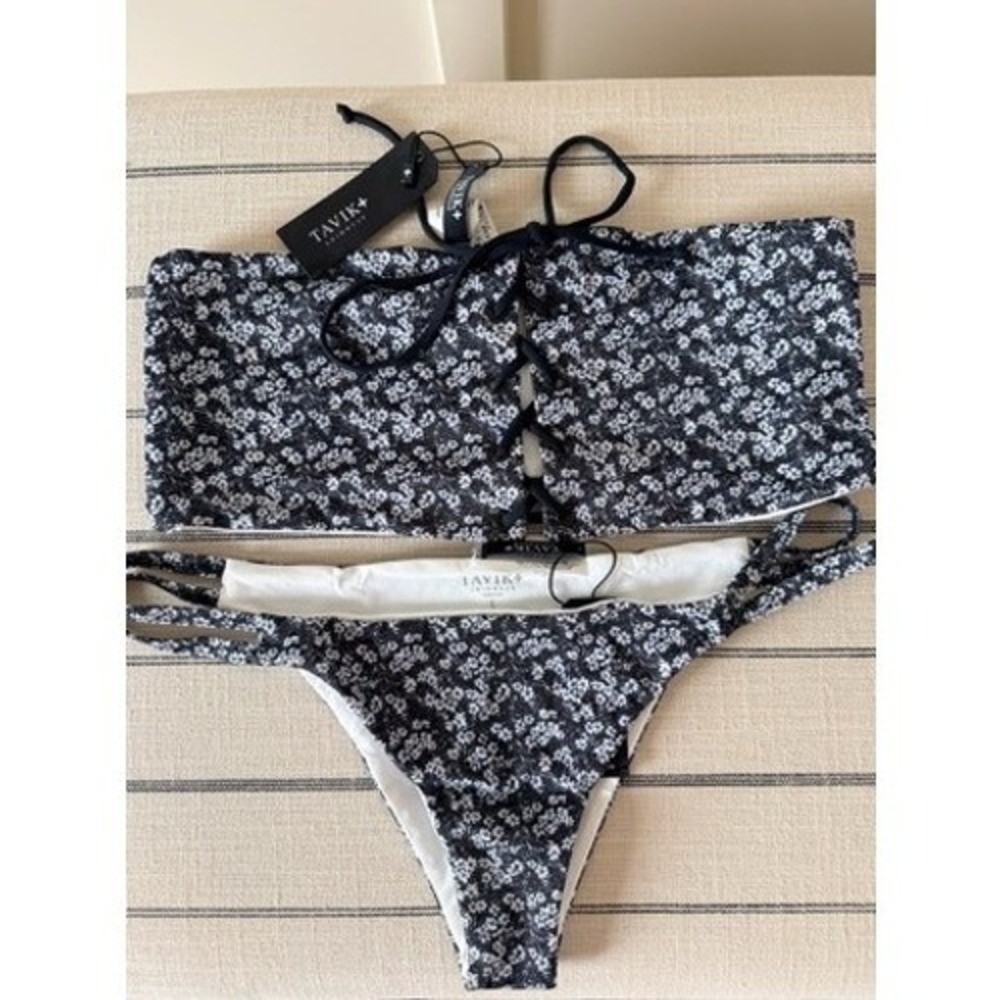Tavik Swimwear‎ Womens Black White Floral Lace Up Bandeau Bikini Set NWT Size L